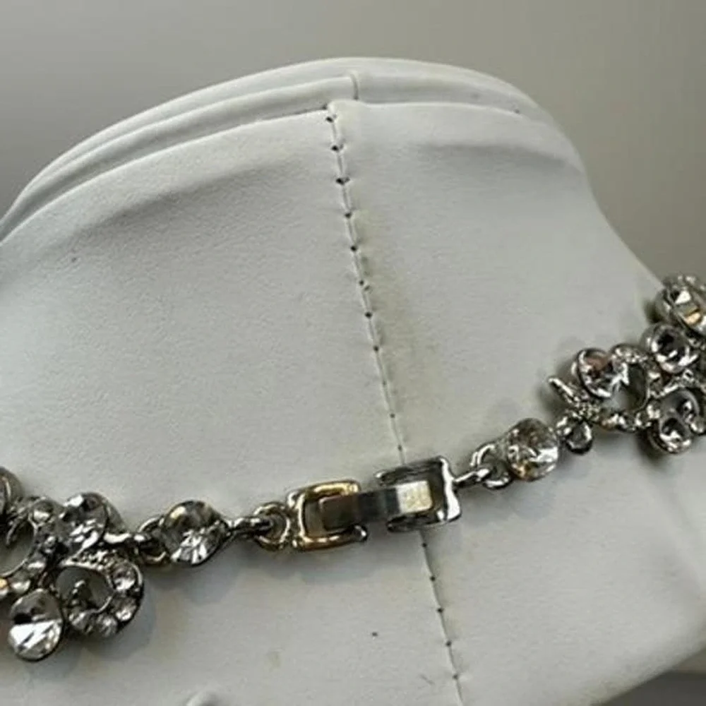 Rhinestone Crystal Statement Necklace Scrollwork Floral Silver Tone Collar